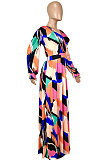 Multicolor Printing New Long Sleeve V Neck Slim Fittting Swing Long Dress YNS1670