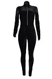 Black Women Korea Velvet Thick Sexy Gridding Spliced High Waist Bodycon Jumpsuits BYQ1039-1
