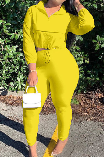 Yellow Casual New Long Sleeve Zipeer Loose Tops Skinny Pants Plain Color Sets MOM8029-5