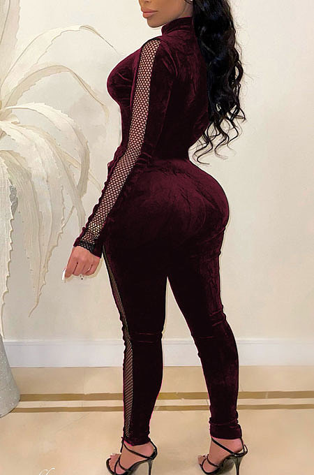 Black Women Korea Velvet Thick Sexy Gridding Spliced High Waist Bodycon Jumpsuits BYQ1039-1