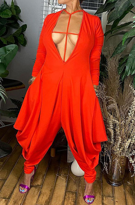 Red Wholesale Pure Color Long Sleeve Deep V Neck Collect Waist Jumpsuits YNS1673-2