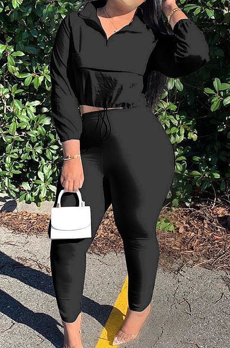 Black Casual New Long Sleeve Zipeer Loose Tops Skinny Pants Plain Color Sets MOM8029-6