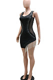 White Women Sleeveless Fashion Sexy V Collar Backless Perspectivity Tassel Bling Bling Hip Mini Dress CCY9282-2