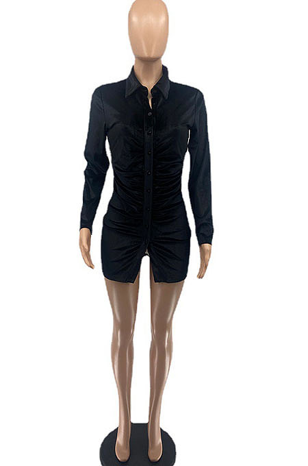 Black Women Korea Velvet Bodycon Sexy Button Cardigan Mid Wasit Turn-Down Collar Single-Breasted Mini Dress HXF5072-1