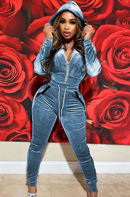 Light Blue High Quality Velvet Long Sleeve Hoodie Tops Skinny Pants Plain Color Sets YLY128-7