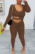 Brown Euramerican Women Solid Color Dew Waist Sexy High Waist Bodycon Jumpsuits BYQ1037-3