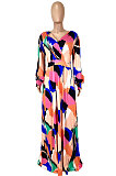Multicolor Printing New Long Sleeve V Neck Slim Fittting Swing Long Dress YNS1670