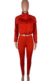 Orange Casual New Long Sleeve Zipeer Loose Tops Skinny Pants Plain Color Sets MOM8029-1