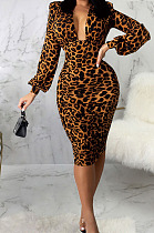Leopard Printing Fashion New Long Sleeve Deep V Neck Collect Waist Bodycon Dress SMR10587-4
