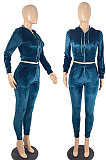 Black High Quality Velvet Long Sleeve Hoodie Tops Skinny Pants Plain Color Sets YLY128-1