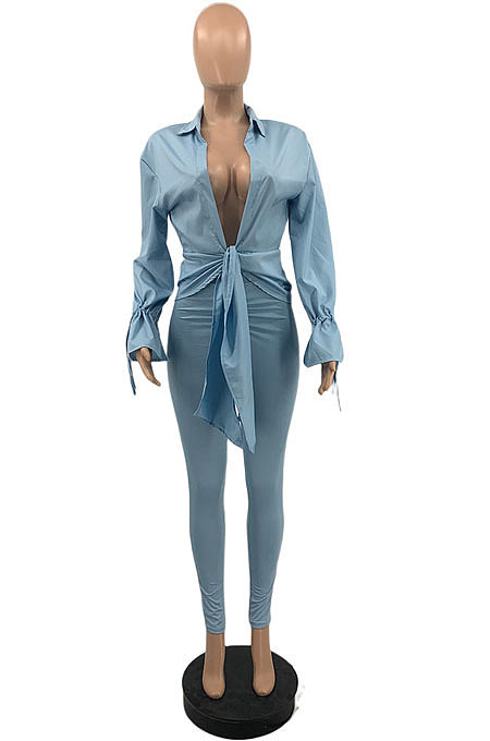 Light Grey Blue New Ruffle Sleeve Lapel Neck Shirts Skinny Pants Solid Color Sets PQ8062