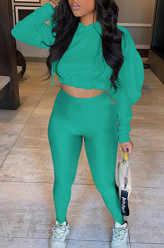 Lake Green Women Pure Color Long Sleeve Fashion Sexy Dew Waist Hooded Tops Sport Pants Sets ED8534-5