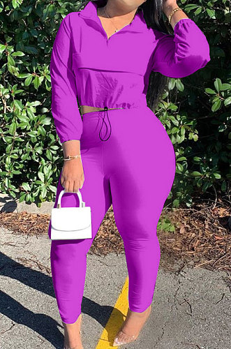 Purple Casual New Long Sleeve Zipeer Loose Tops Skinny Pants Plain Color Sets MOM8029-8