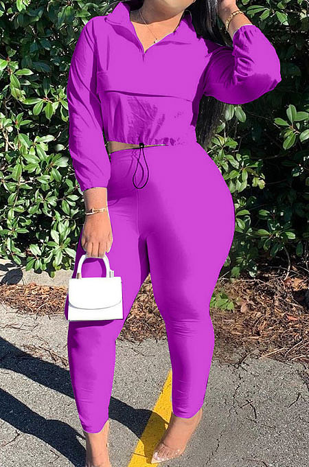 Purple Casual New Long Sleeve Zipeer Loose Tops Skinny Pants Plain Color Sets MOM8029-8