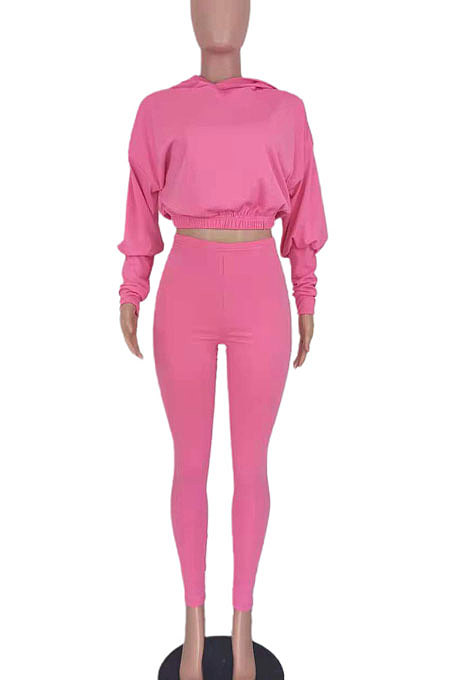 Rose Red Women Pure Color Long Sleeve Fashion Sexy Dew Waist Hooded Tops Sport Pants Sets ED8534-3