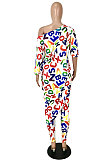 White Fashion Letter Printing Long Sleeve Oblique Shoulder Irregularity Tops Trousers Sets YNS1672