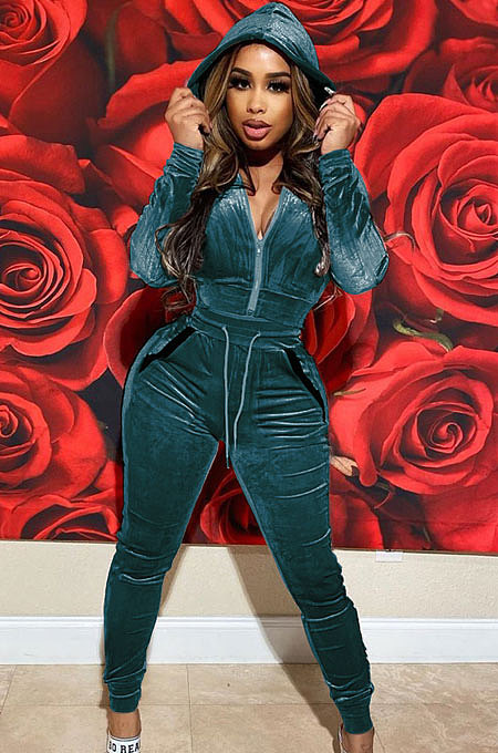 Green High Quality Velvet Long Sleeve Hoodie Tops Skinny Pants Plain Color Sets YLY128-8