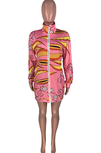 Pink Design Printing Long Sleeve Zip Front Slim Fitting Hip Dress MOM8025