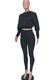 Rose Red Women Pure Color Long Sleeve Fashion Sexy Dew Waist Hooded Tops Sport Pants Sets ED8534-3