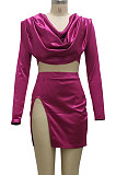 Blue Night Club New Long Sleeve Back Zip Crop Tops Split Skirts Plain Color Sets SMR10433-2