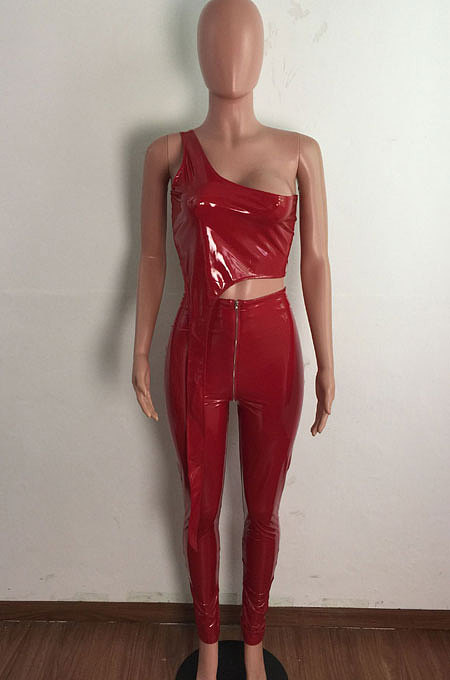 Black Women's Lether Sleeveless Strapless Skinny Pants Slim Fitting Two-Piece LA3296-1