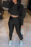 Black Women Pure Color Long Sleeve Fashion Sexy Dew Waist Hooded Tops Sport Pants Sets ED8534-1