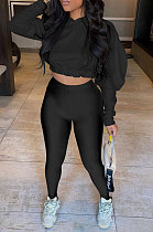 Black Women Pure Color Long Sleeve Fashion Sexy Dew Waist Hooded Tops Sport Pants Sets ED8534-1