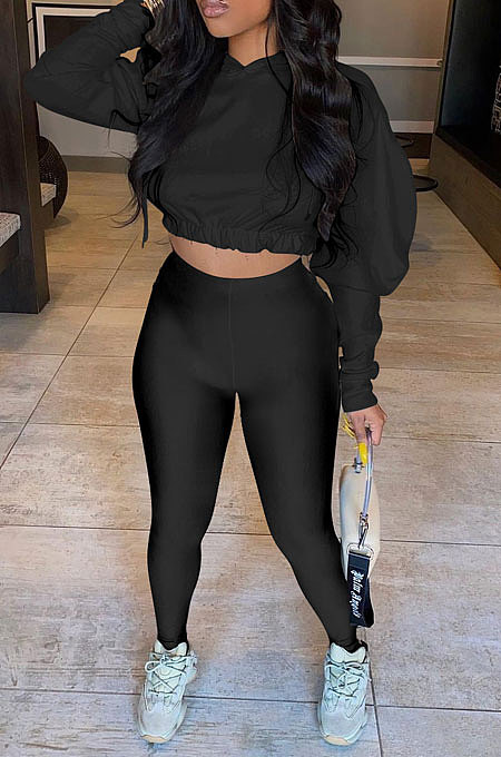 Black Women Pure Color Long Sleeve Fashion Sexy Dew Waist Hooded Tops Sport Pants Sets ED8534-1