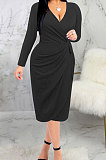 Green High Quality Long Sleeve V Neck Slim Fitting Plain Color Business Dress SMR10276-1
