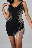 White Women Sleeveless Fashion Sexy V Collar Backless Perspectivity Tassel Bling Bling Hip Mini Dress CCY9282-2