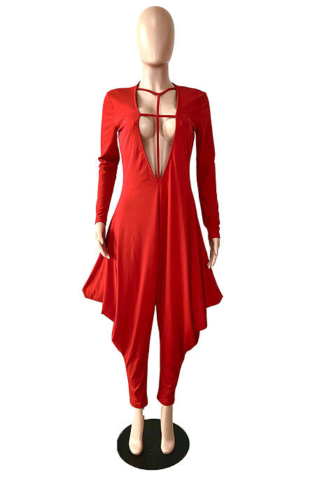 Red Wholesale Pure Color Long Sleeve Deep V Neck Collect Waist Jumpsuits YNS1673-2