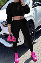Black Women Long Sleeve Round Collar Solid Color Fashion Dew Waist Drawsting Pants Sets BYQ1035-2