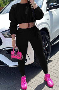 Black Women Long Sleeve Round Collar Solid Color Fashion Dew Waist Drawsting Pants Sets BYQ1035-2