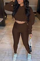 Coffee Women Pure Color Long Sleeve Fashion Sexy Dew Waist Hooded Tops Sport Pants Sets ED8534-4