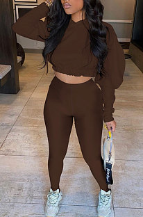 Coffee Women Pure Color Long Sleeve Fashion Sexy Dew Waist Hooded Tops Sport Pants Sets ED8534-4