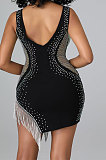 White Women Sleeveless Fashion Sexy V Collar Backless Perspectivity Tassel Bling Bling Hip Mini Dress CCY9282-2
