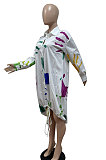 White Women Trendy Lower Hem Drawsting Palm Printing Single-Breasted Turn-Down Collar T Shirt/Shirt Dress GHH072