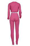 Lake Green Women Long Sleeve Round Collar Solid Color Fashion Dew Waist Drawsting Pants Sets BYQ1035-3