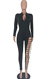 Black Women Pure Color Sexy Chain Long Sleeve Zipper Hollow Out Bodycon Jumpsuits ED1065-1