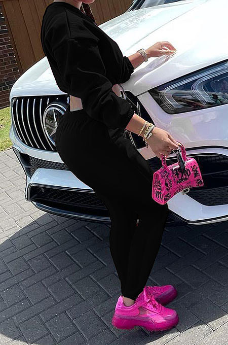 Black Women Long Sleeve Round Collar Solid Color Fashion Dew Waist Drawsting Pants Sets BYQ1035-2
