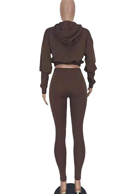 Rose Red Women Pure Color Long Sleeve Fashion Sexy Dew Waist Hooded Tops Sport Pants Sets ED8534-3
