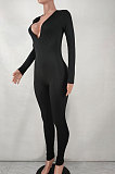 Dark Coffee Women Sexy Deep V Collar Pure Color Bodycon Jumpsuits BYQ1036-2