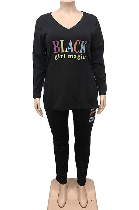 Red Wholesale Fat Women Letter Printing Long Sleeve V Neck Slit T-Shirts Skinny Pants Plain Color Set WA77277-1