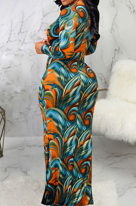 Orange Digital Printing Long Sleeve V Neck Collect Waist Slim Fitting Long Dress SMR10590-3