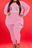 Red Wholesale Fat Women Letter Printing Long Sleeve V Neck Slit T-Shirts Skinny Pants Plain Color Set WA77277-1
