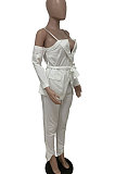 Rice White Women Cardigan Condole Belt Solid Color Sexy V Collar Split Pants Sets LD81043