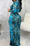 Yellow Digital Printing Long Sleeve V Neck Collect Waist Slim Fitting Long Dress SMR10590-1