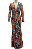 Yellow Digital Printing Long Sleeve V Neck Collect Waist Slim Fitting Long Dress SMR10590-1