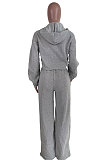 Grey Modest New Long Sleeve Drawsting Zip Hooded Tops Wide Leg Pants Sport Sets TZ1209-1