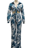 Black Sexy New Printing Long Sleeve Bandage Crop Tops Wlide Leg Pants Sets SMR10673-3